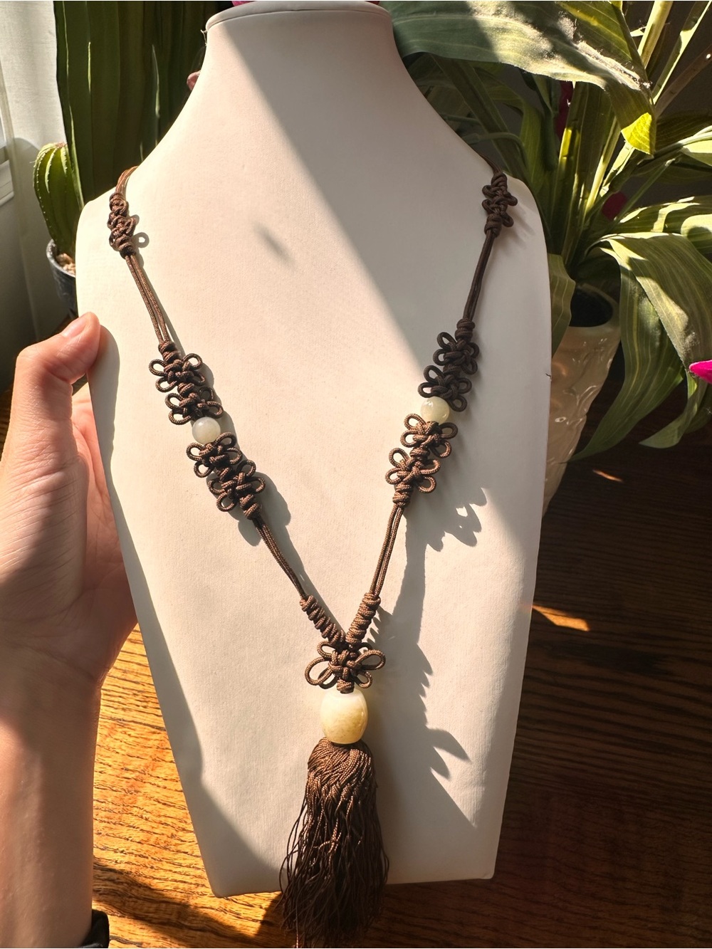 Vintage Asian Brown Chinese Knotted Tassel Necklace with Stone Bead